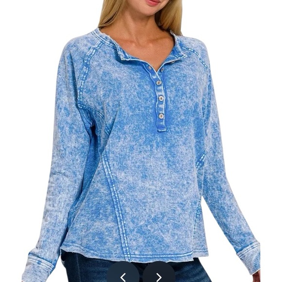 Zenana Outfitters Tops - Zenana Henley Long Sleeve Top Blue Mineral-Wash French Terry